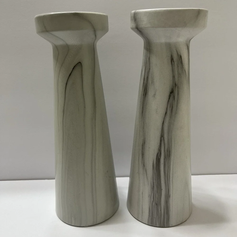 Ceramic Pillar Candle Holders Marble Look Gray White Swirl 12